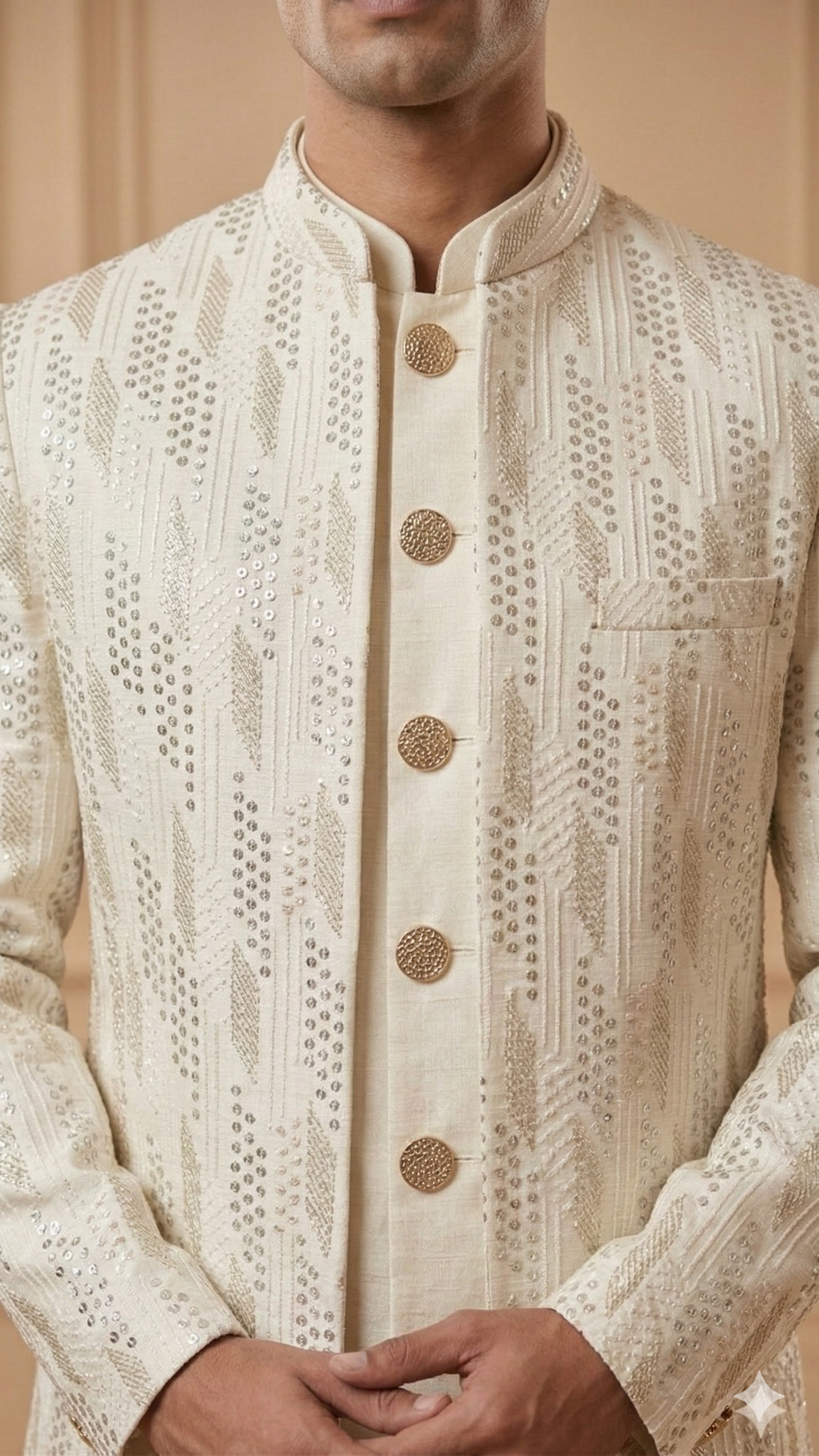 Long Indo-Western Sherwani in Cream with Linear Sequin Embroidery.