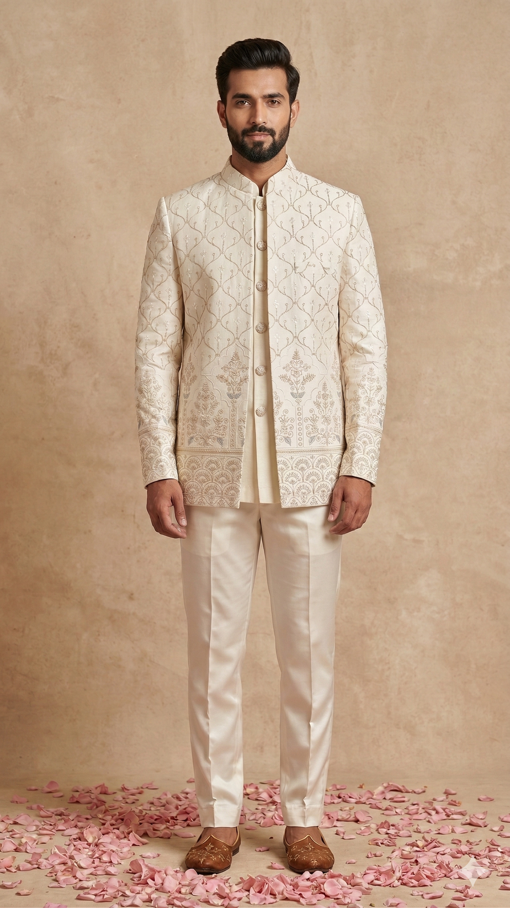 he Regal Ivory Intricate Embroidered Open Jodhpuri 3-Piece Set