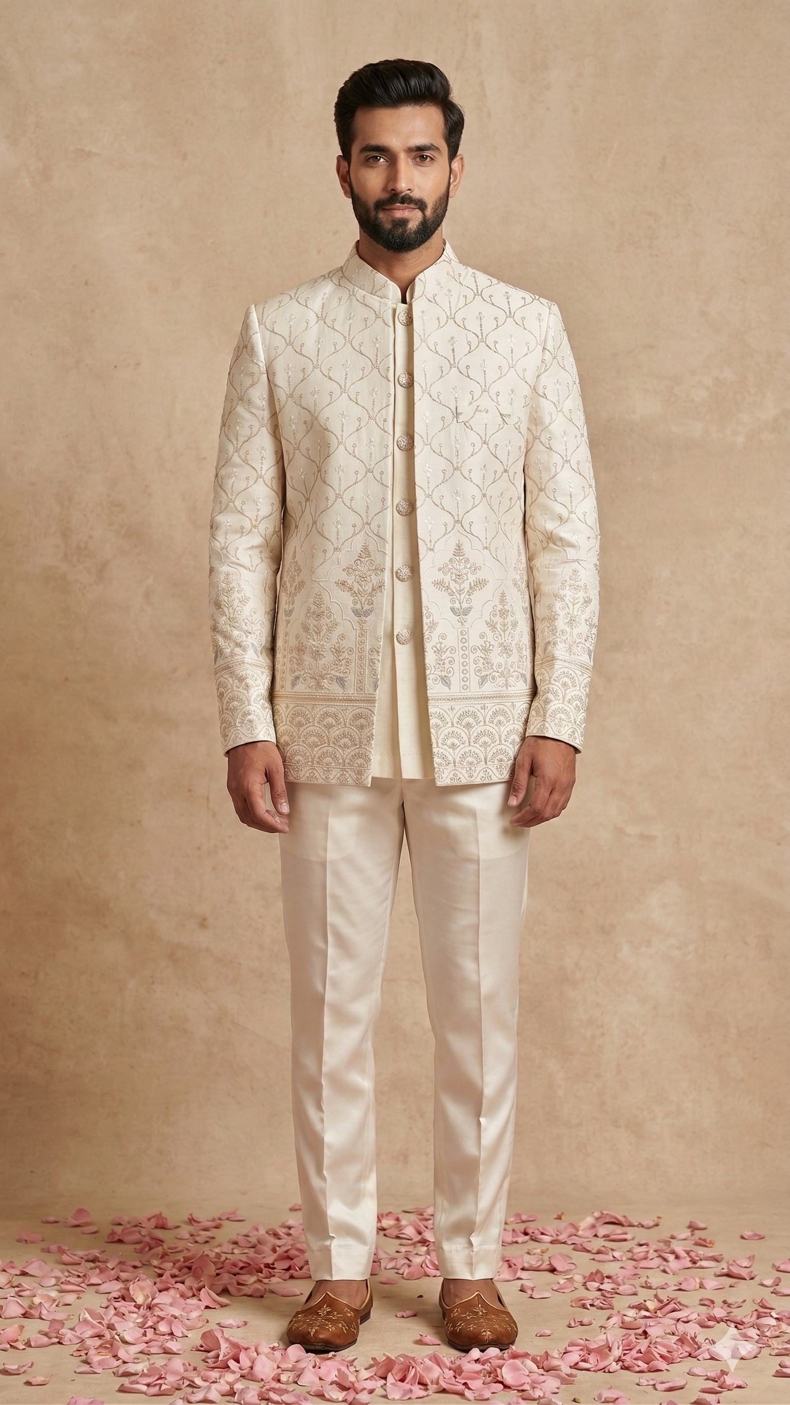 he Regal Ivory Intricate Embroidered Open Jodhpuri 3-Piece Set
