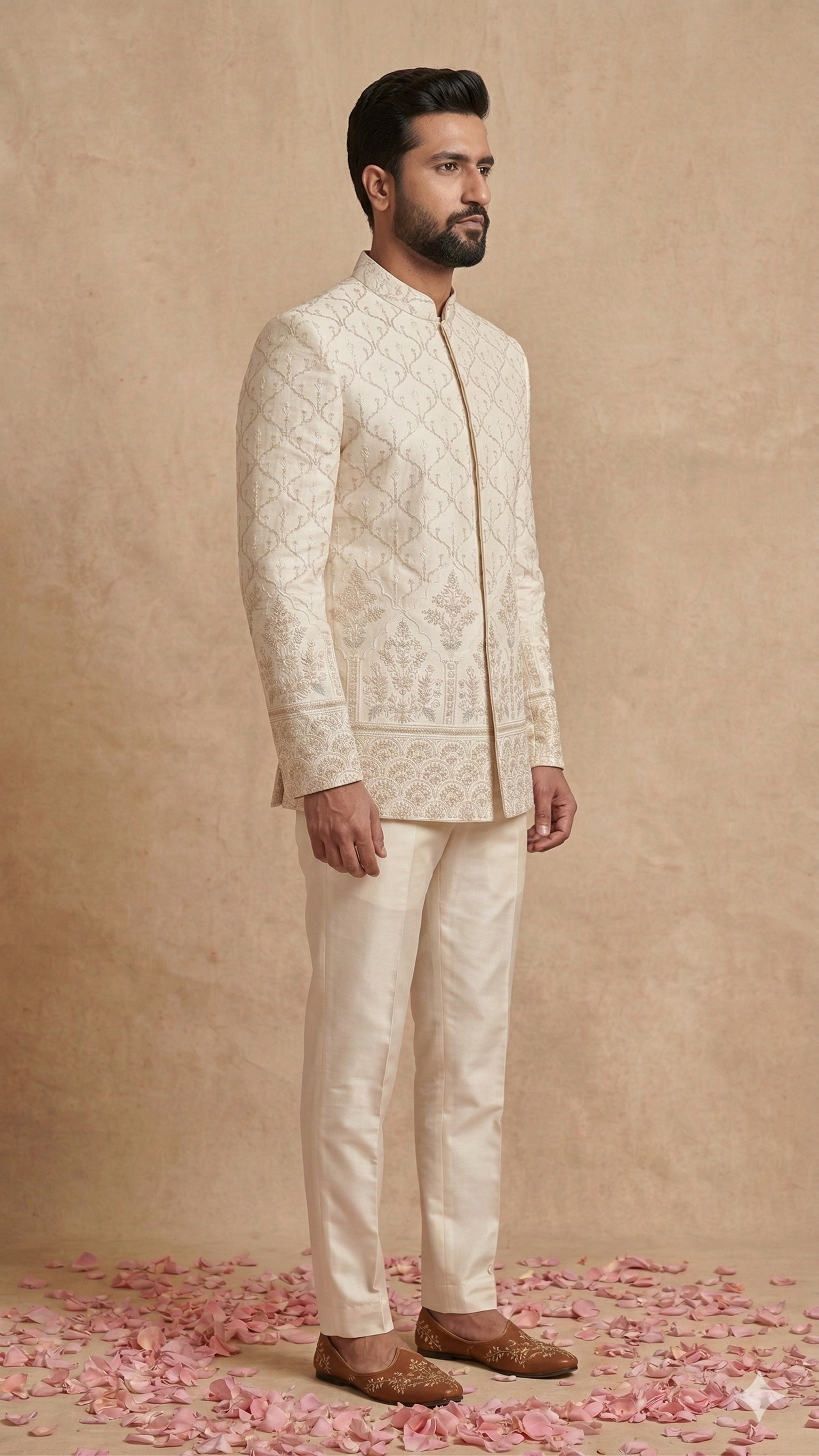 he Regal Ivory Intricate Embroidered Open Jodhpuri 3-Piece Set