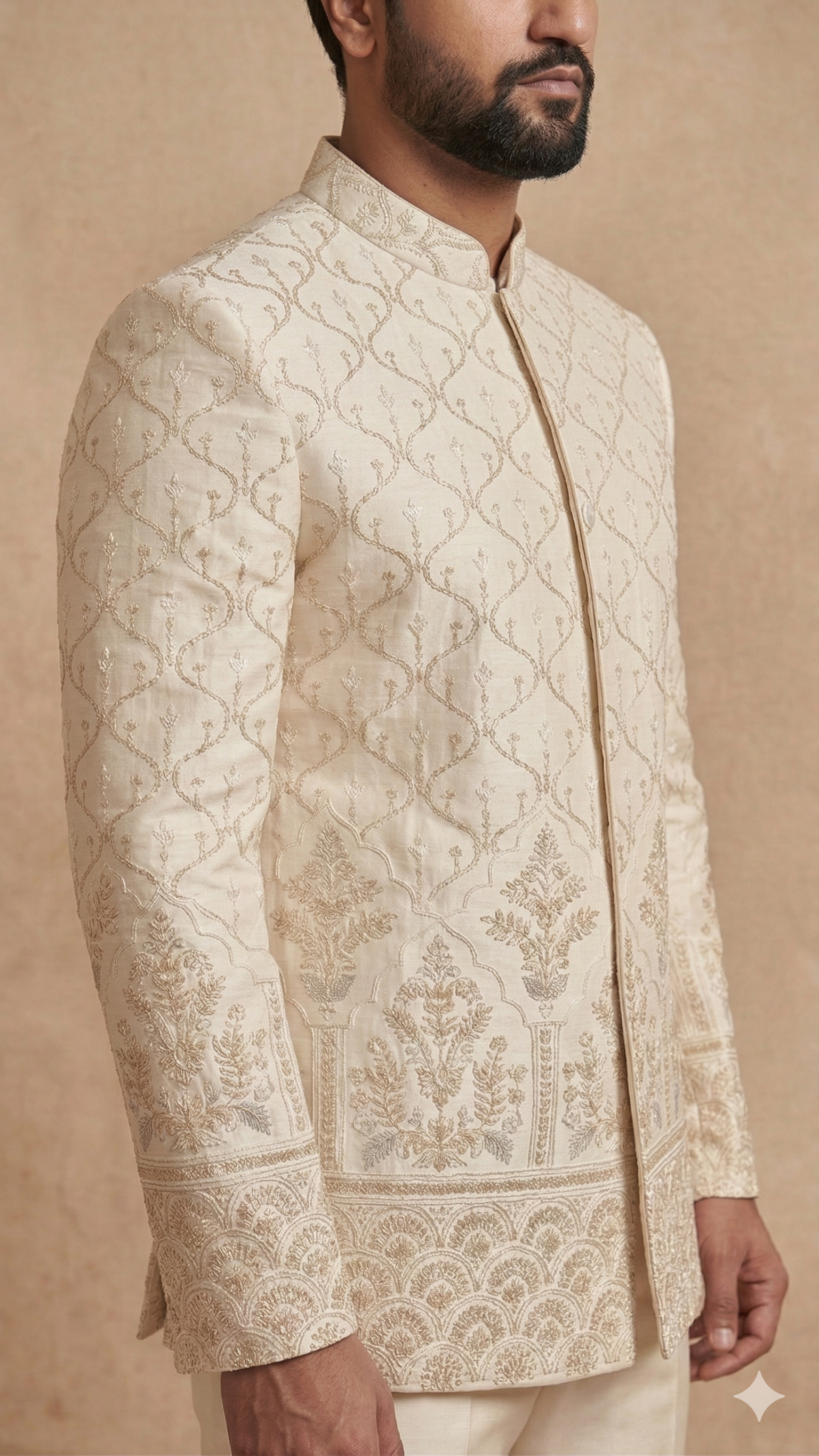he Regal Ivory Intricate Embroidered Open Jodhpuri 3-Piece Set