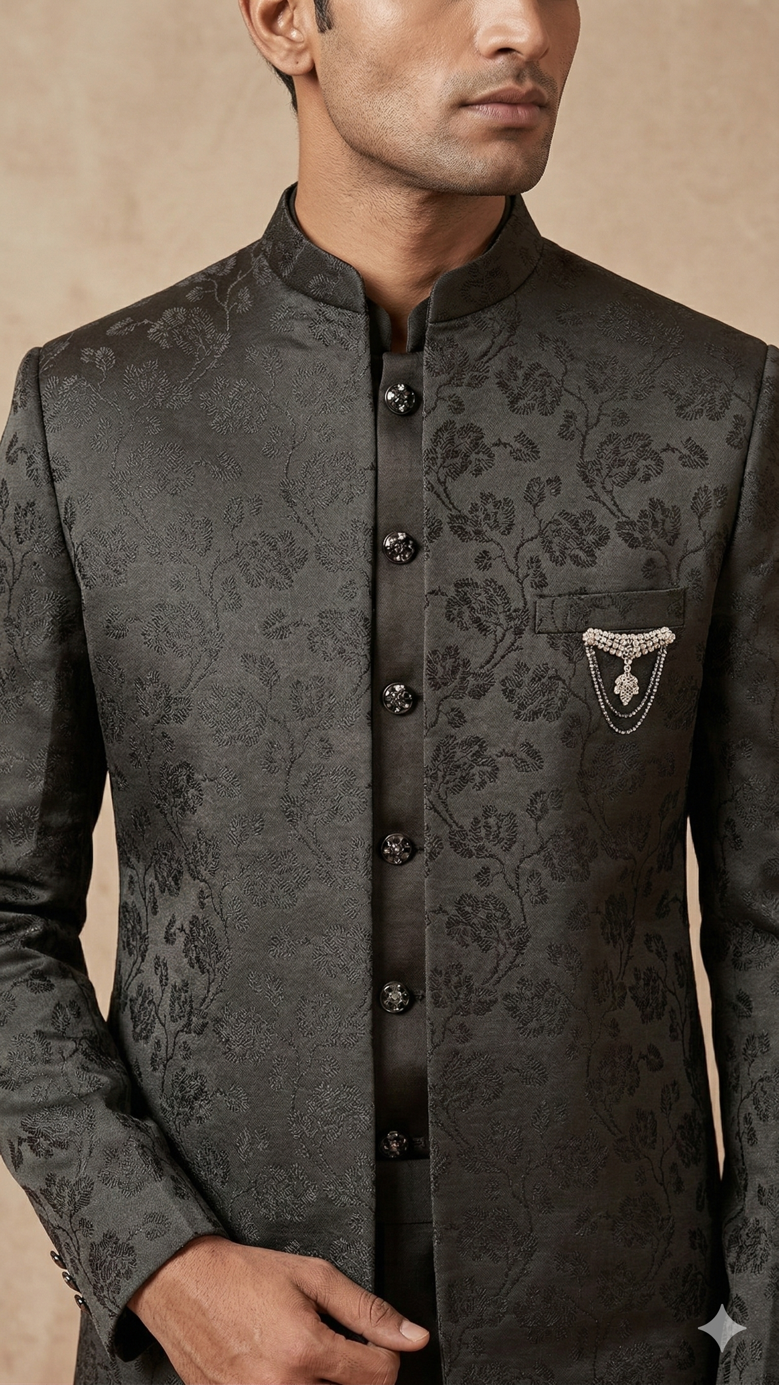 Open Jodhpuri 3-Piece Suite – Charcoal Floral Jacquard