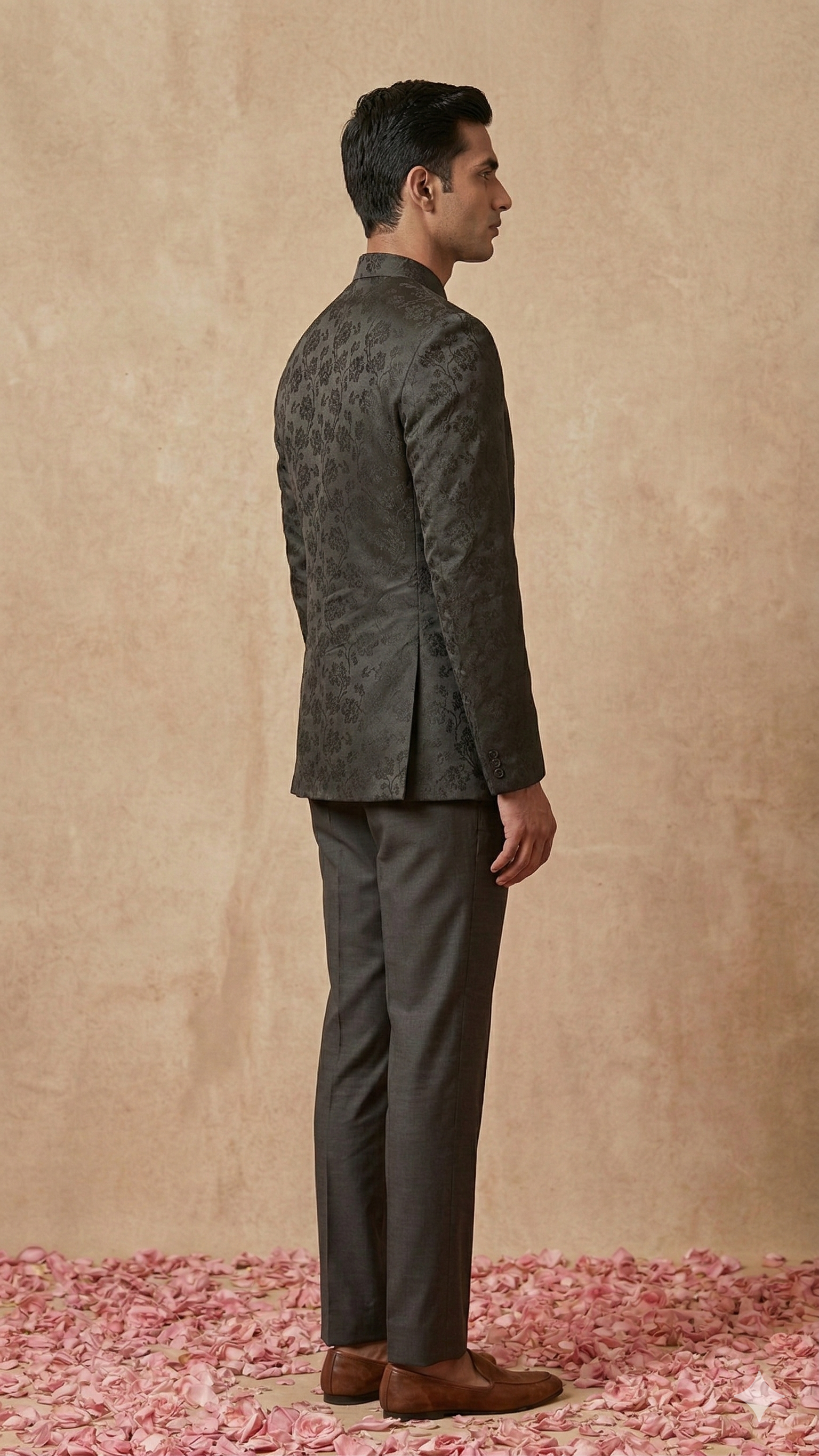 Open Jodhpuri 3-Piece Suite – Charcoal Floral Jacquard