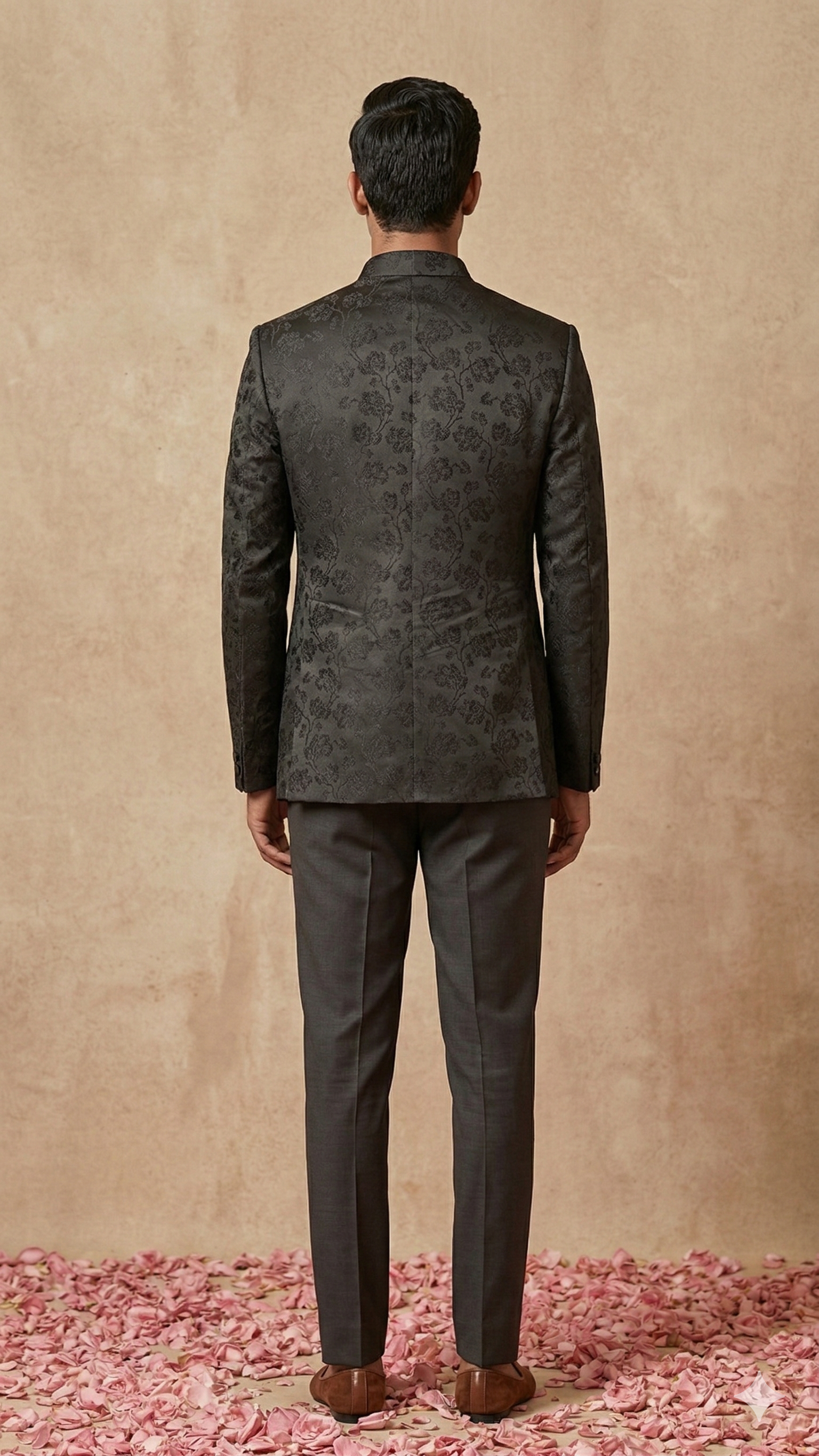 Open Jodhpuri 3-Piece Suite – Charcoal Floral Jacquard