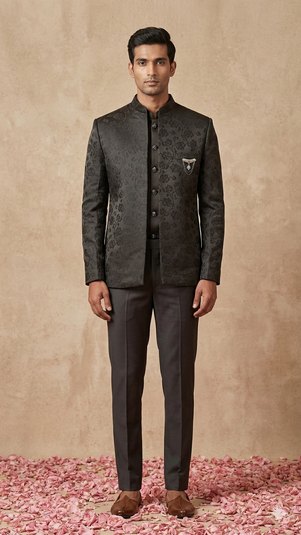 Open Jodhpuri 3-Piece Suite – Charcoal Floral Jacquard