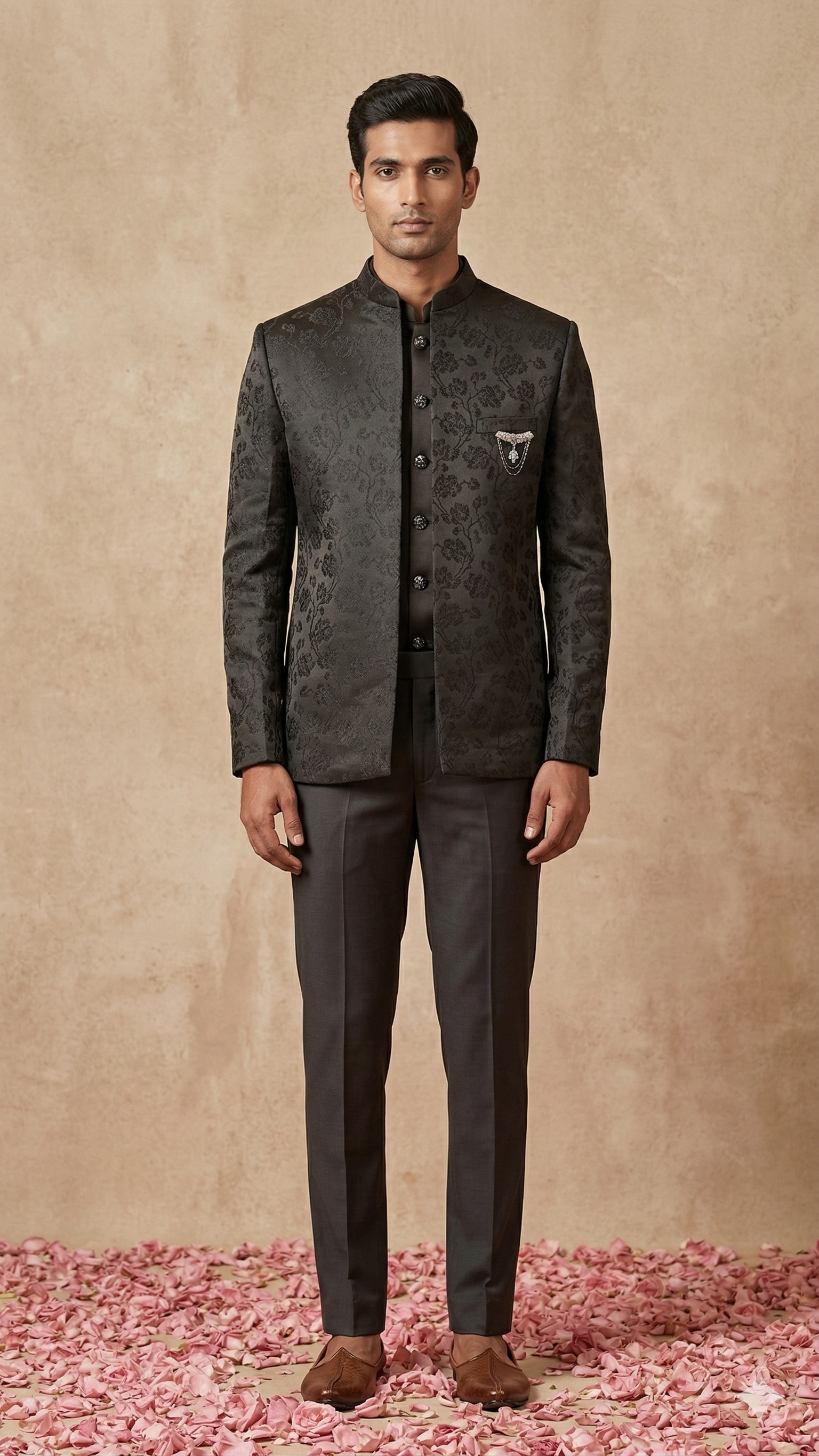 Open Jodhpuri 3-Piece Suite – Charcoal Floral Jacquard