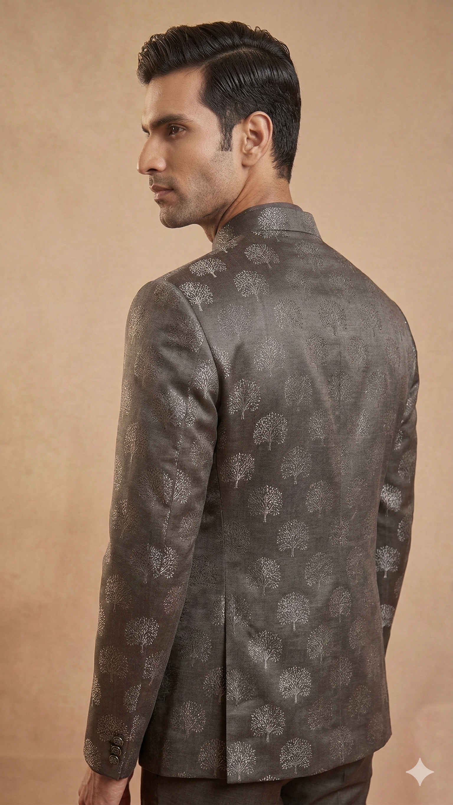 Slate Grey Tree Motif Open Jodhpuri 3-Piece Set