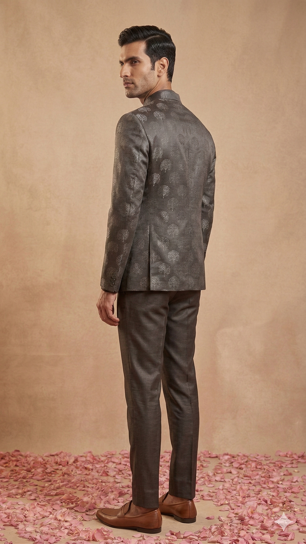 Slate Grey Tree Motif Open Jodhpuri 3-Piece Set