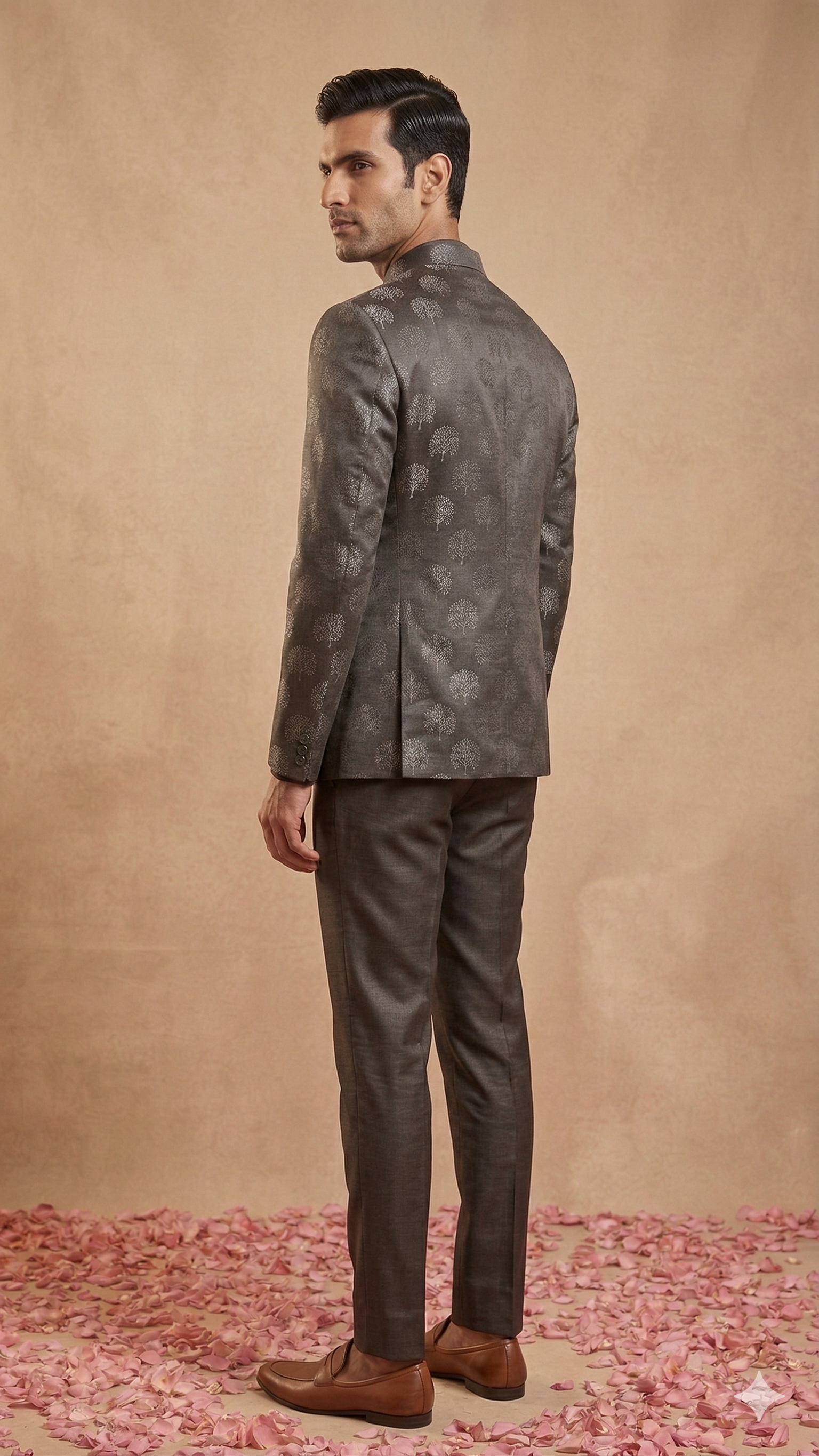 Slate Grey Tree Motif Open Jodhpuri 3-Piece Set