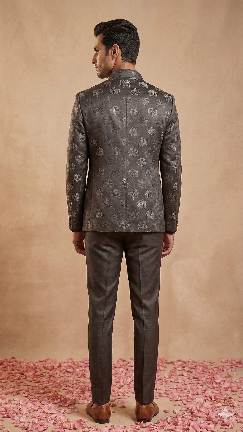 Slate Grey Tree Motif Open Jodhpuri 3-Piece Set
