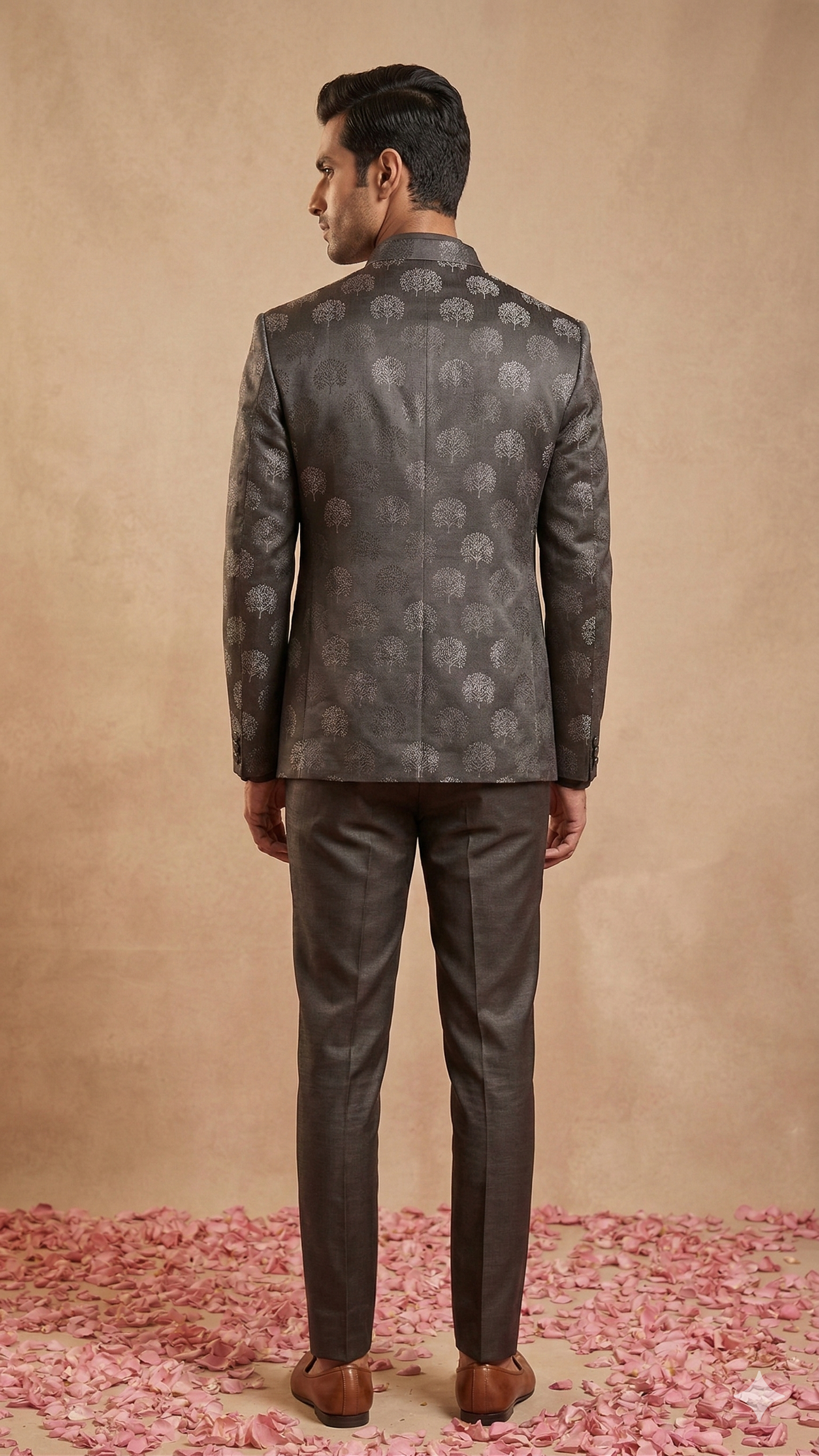 Slate Grey Tree Motif Open Jodhpuri 3-Piece Set