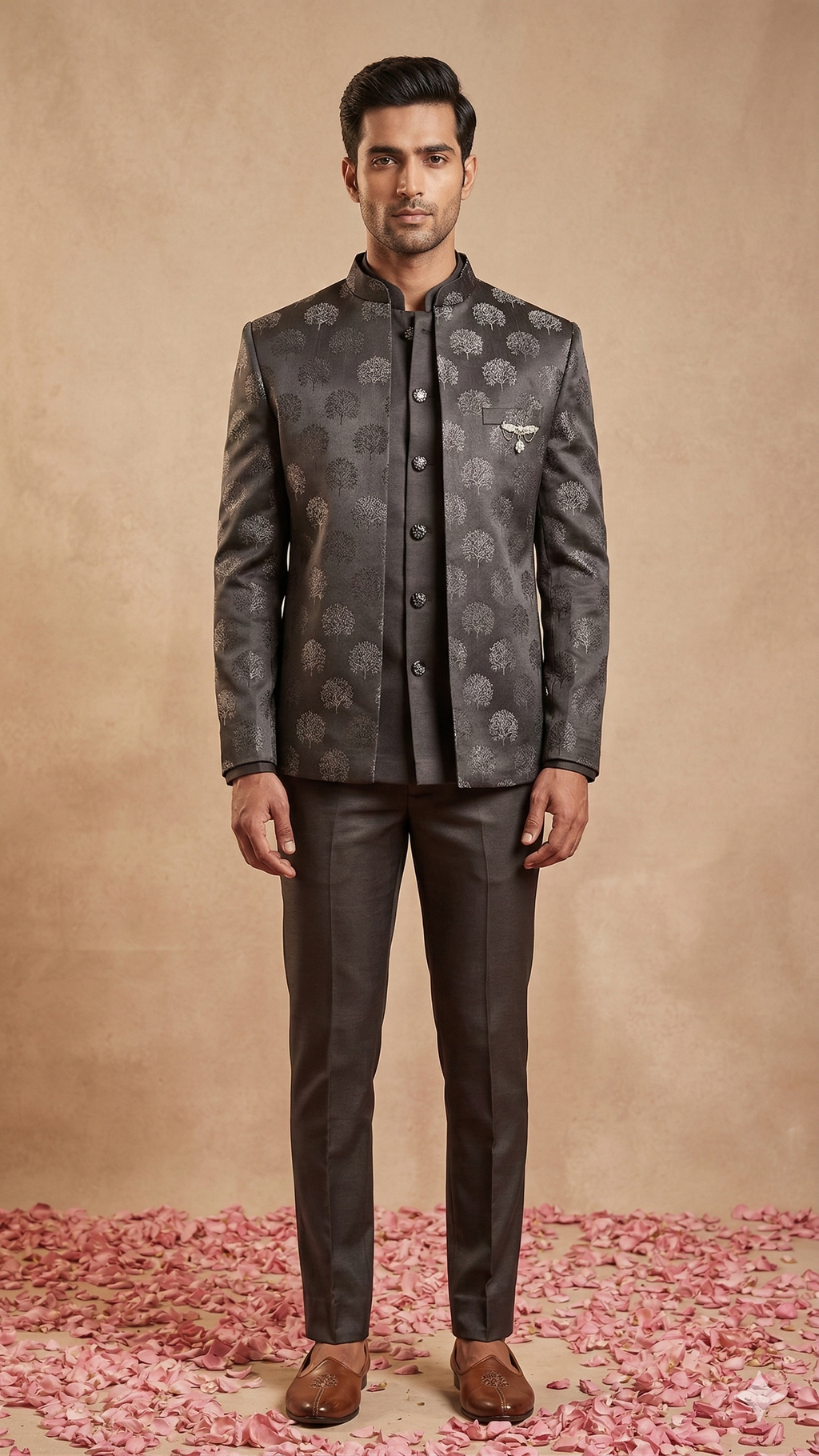Slate Grey Tree Motif Open Jodhpuri 3-Piece Set