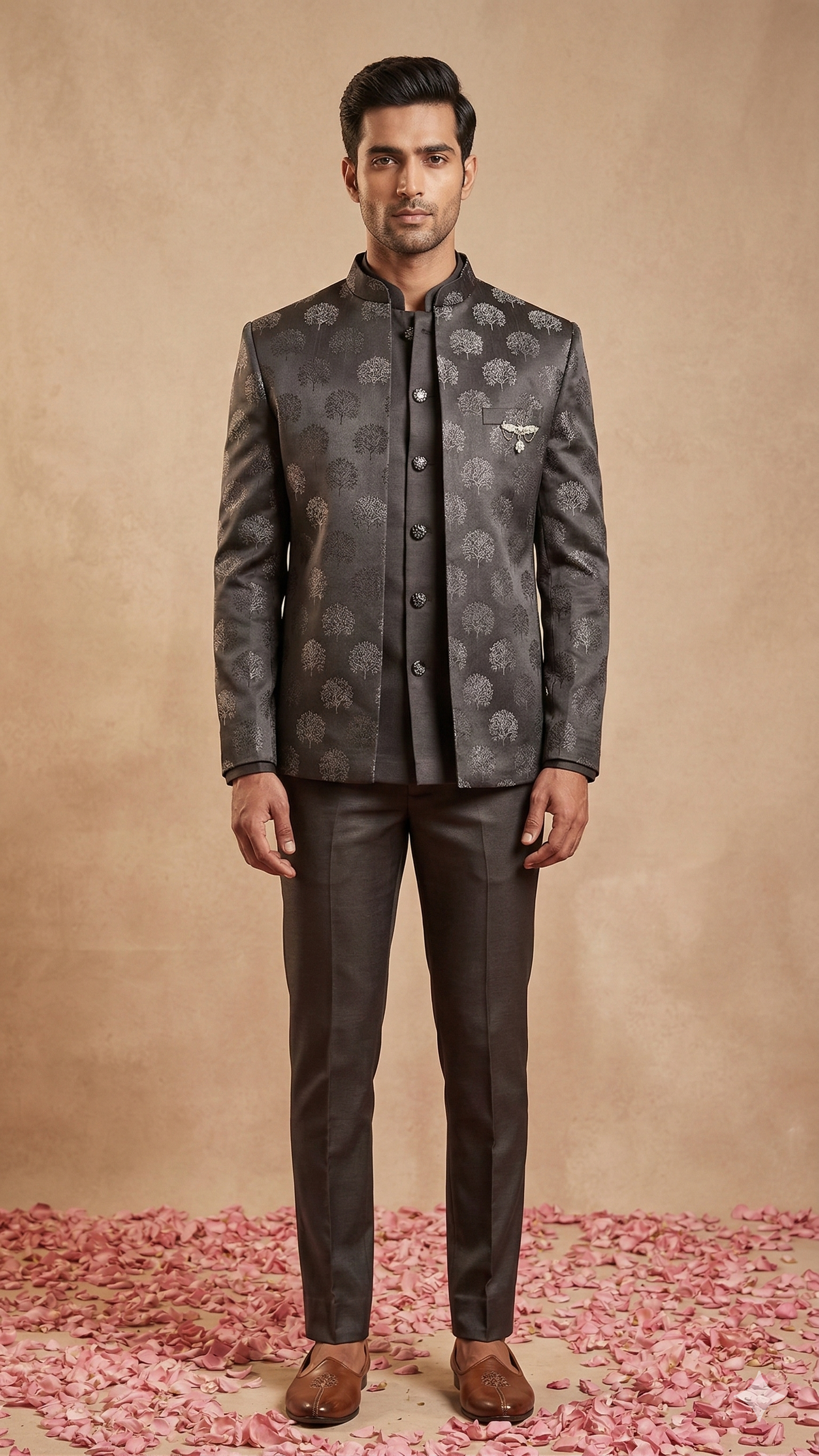 Slate Grey Tree Motif Open Jodhpuri 3-Piece Set