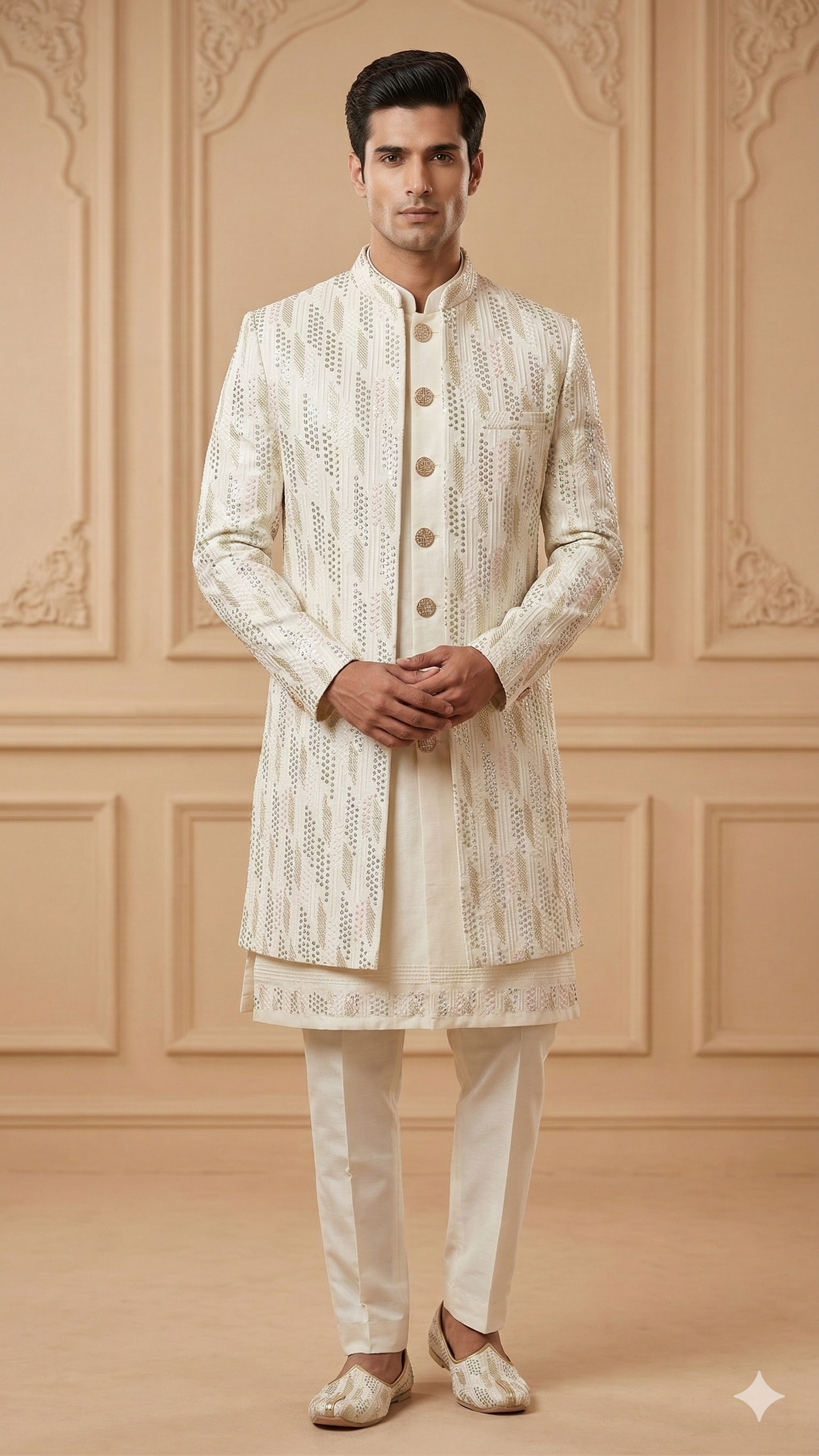 Long Indo-Western Sherwani in Cream with Linear Sequin Embroidery.