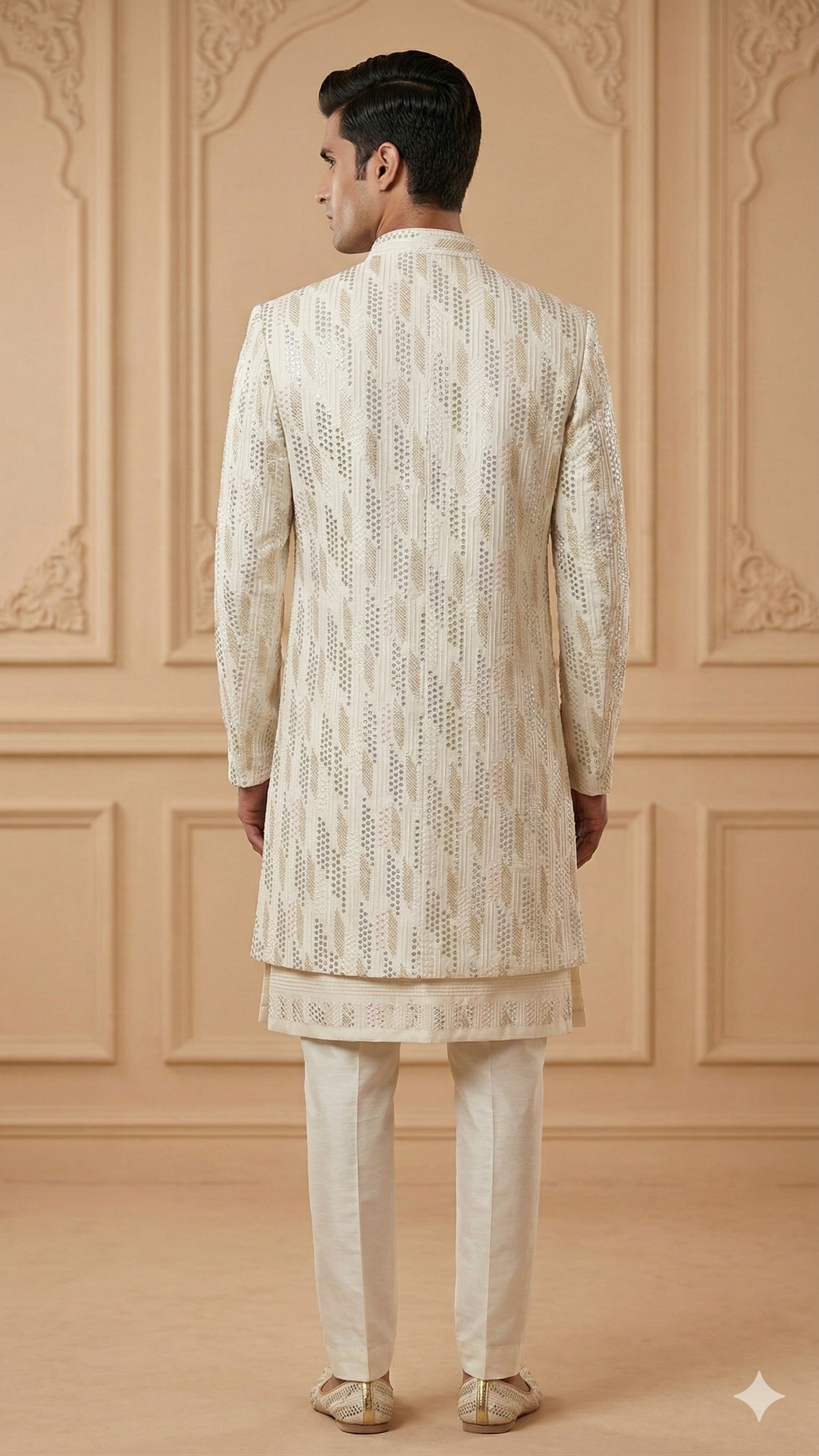 Long Indo-Western Sherwani in Cream with Linear Sequin Embroidery.