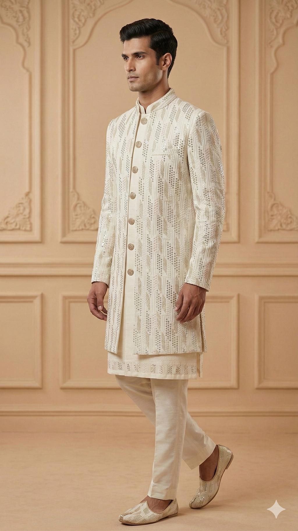 Long Indo-Western Sherwani in Cream with Linear Sequin Embroidery.