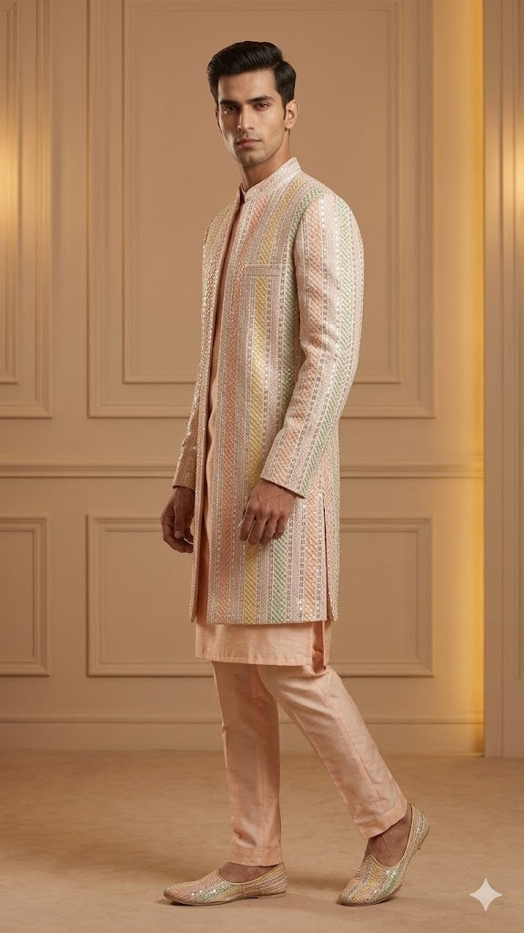 Long Indo-Western Sherwani in Peach