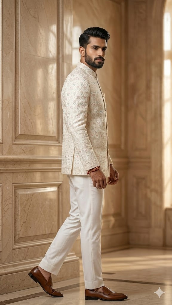 Daman Jodhpuri: Ivory Floral Heritage Suit