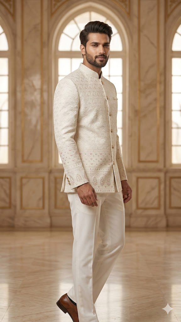 Daman Jodhpuri: Ivory Elegance with Artisan Embroidery