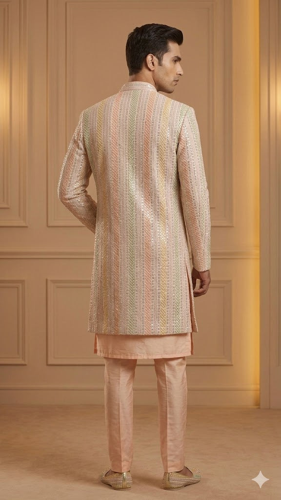 Long Indo-Western Sherwani in Peach