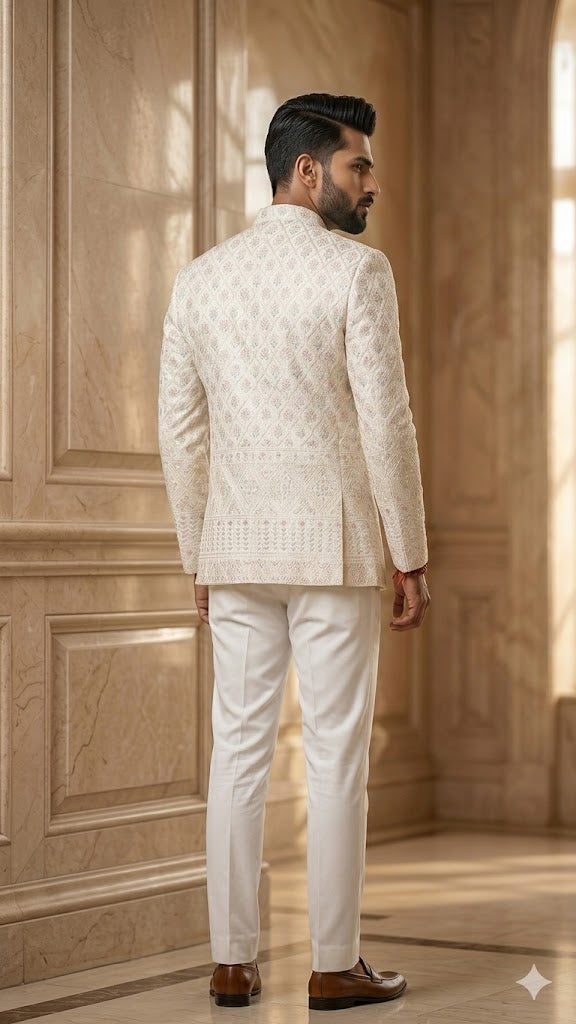 Daman Jodhpuri: Ivory Floral Heritage Suit