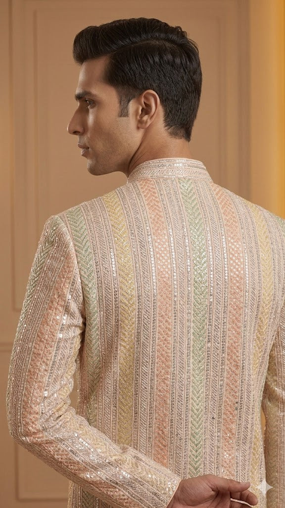 Long Indo-Western Sherwani in Peach