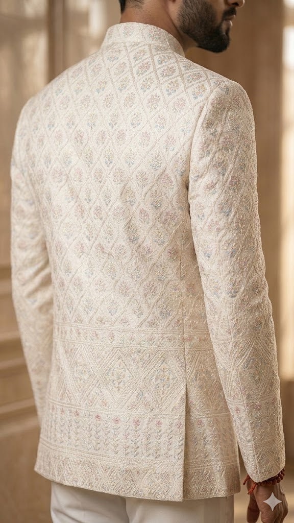 Daman Jodhpuri: Ivory Floral Heritage Suit