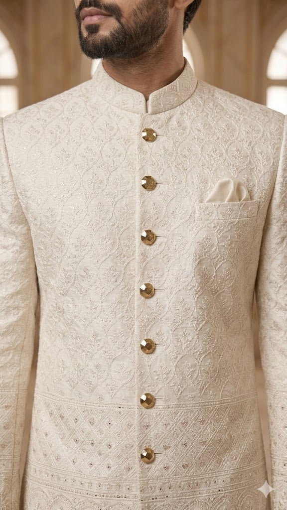 Daman Jodhpuri: Ivory Elegance with Artisan Embroidery