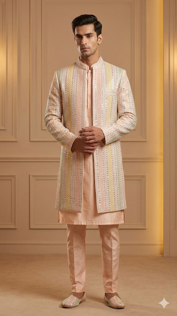 Long Indo-Western Sherwani in Peach
