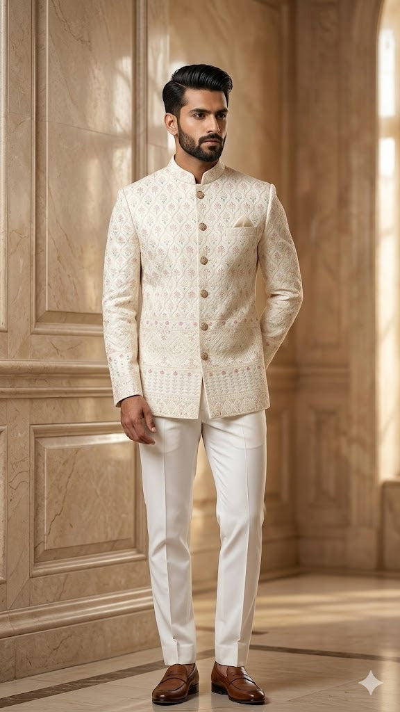 Daman Jodhpuri: Ivory Floral Heritage Suit