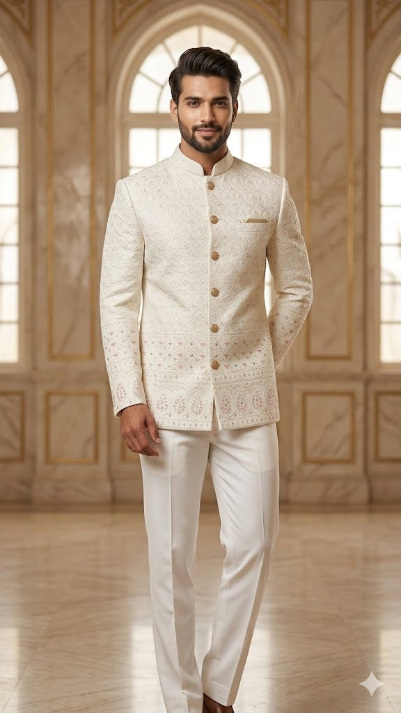 Daman Jodhpuri: Ivory Elegance with Artisan Embroidery